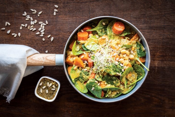 Sunflower Seed Turmeric Butter / Sweet Potato and Spinach Curry