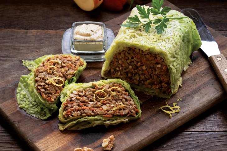 Smoky Lentil and Walnut Stuffed Cabbage